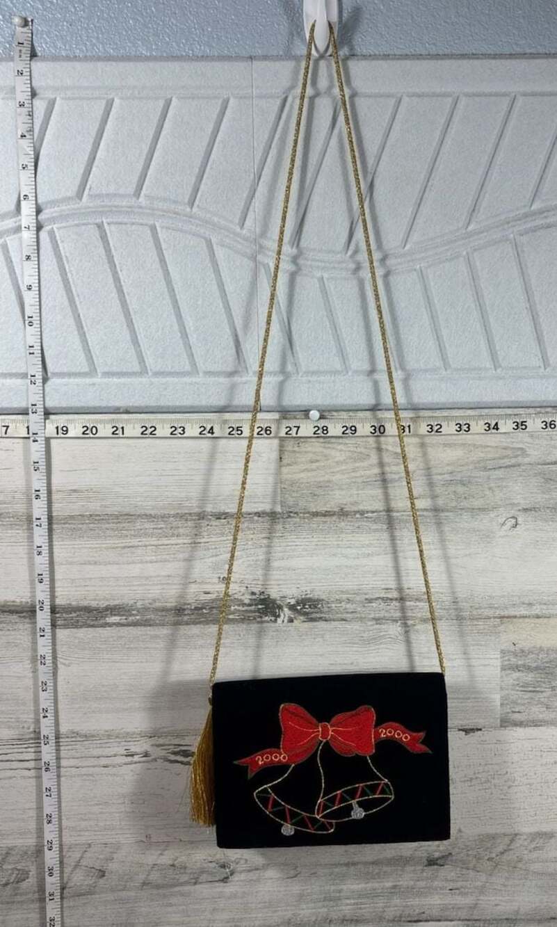 Vintage Black Velvet Christmas Clutch Shoulder Bag 2000 Embroidered Bells & Bow